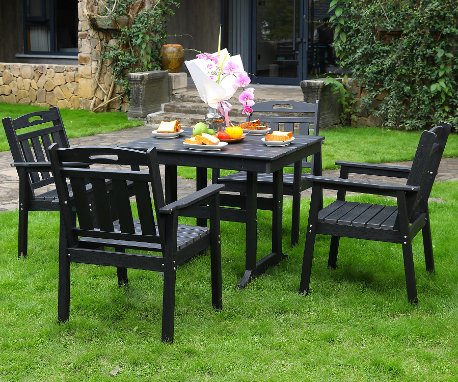 HDPE cenatio sella 4 sellae velit + mensa quadrata posita nigra verticali backrest