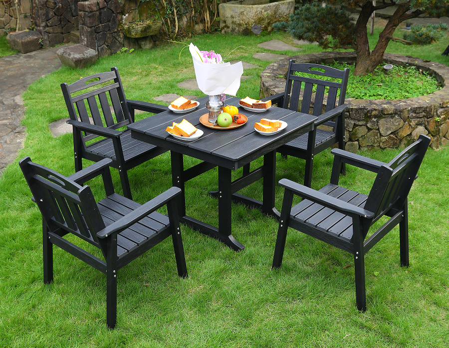 HDPE cenatio sella 4 sellae velit + mensa quadrata posita nigra verticali backrest