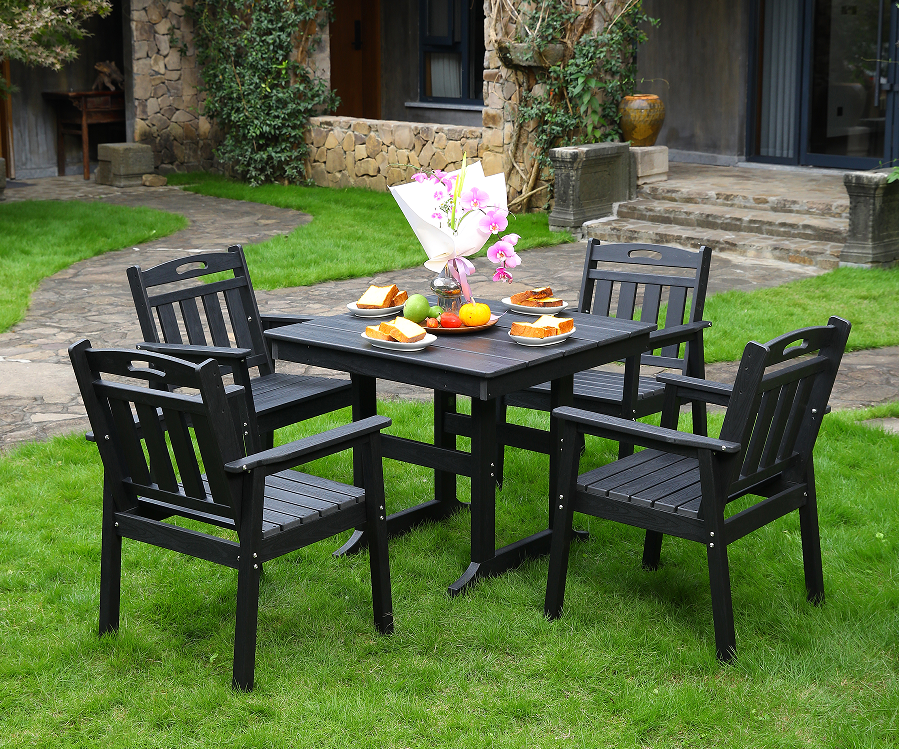 HDPE cenatio sella 4 sellae velit + mensa quadrata posita nigra verticali backrest